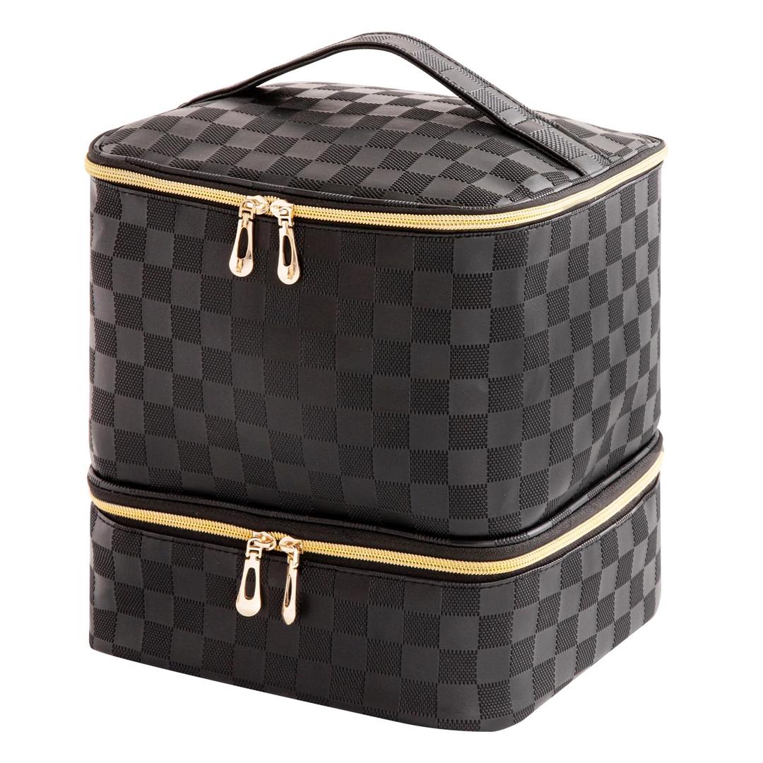 KGMCARE Portable Nail Polish Organizer Bag with UV Light Case - Holds 30 Bottles and 1 UV Nail Lamp, Double-Layers Nail Dryer Case for Gel Nail Polish Kit, Nail Art DecorationsCheckered Black