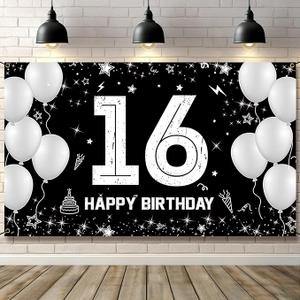 16th Birthday Decorations for Boys Girls - Fabric 16 Year Old Birthday Backdrop Banner, Yard Sign, Photo Props, Door Decor - Black White Silver Birthday Party Supplies for Outdoor Indoor