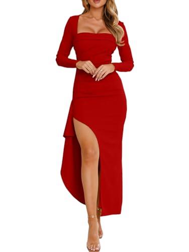 XXTAXN Womens Formal Bodycon Square Neck Long Sleeve Wedding Guest Party Slip Fitted Midi Dress, Size: M