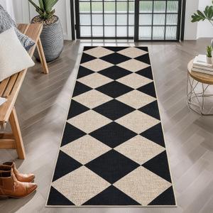 GarveeHome Easy Jute Rugs 2x8 Checkered Kitchen Runner Rugs Non Skid Washable Stain Resistant Indoor Outdoor Rugs for Living Room, Bedroom, Dining, Patio - Farmhouse Style Black (Black-checkerboard-1)