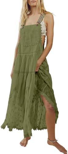 Gacaky Summer Dress for Women Casual Floral Embroidered Bohemian Dress Adjustable Straps Bib Maxi Flowy Dresses with Pockets, Green, M 
