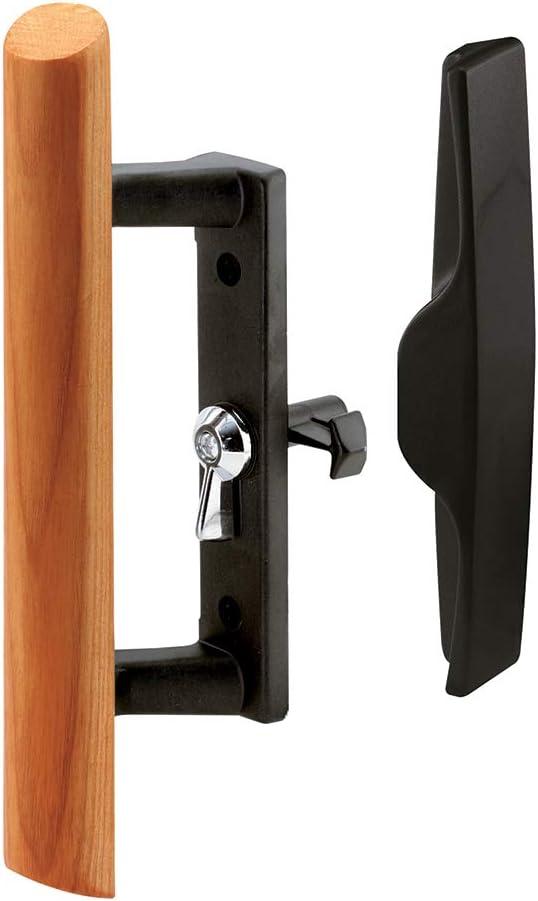 Prime-Line C 1095 Sliding Glass Door Handle Set, 3-1/2 In., Diecast and Wood, Black, Hook Style, Internal Lock (Single Pack) (Black/Wood)