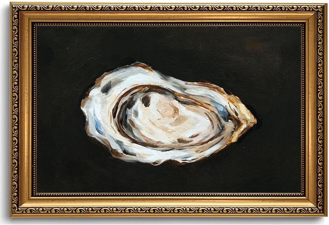Vintage Gold Framed Wall Art Oyster Wall Decor Kitchen Minimalist Canvas, 24"L x 16"W