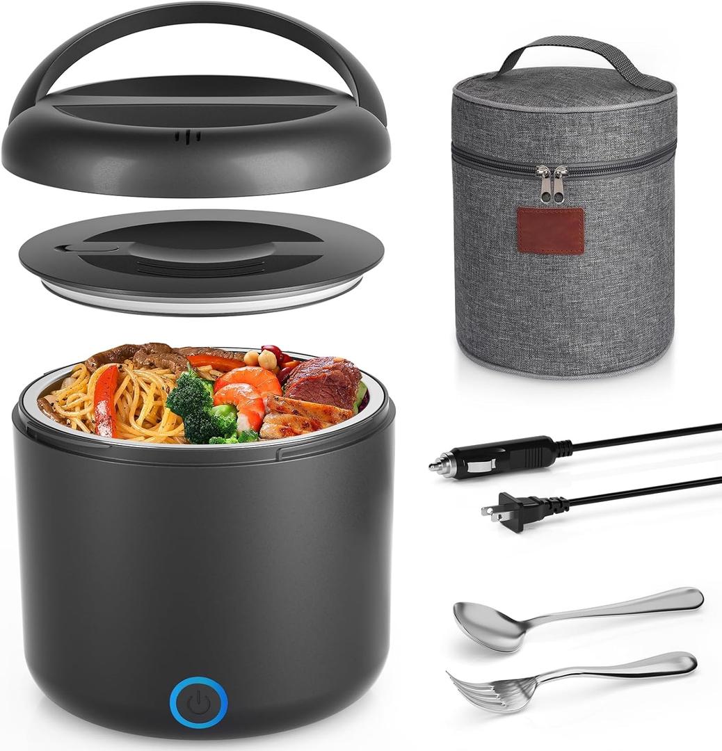 Electric Lunch Box for Adults, 41-Ounce Portable Food Warmer, 100W Leakproof Heated Lunch Box with Insulated Bag Fork Spoon for Car/Truck/Home/Work, 12V/24V/110V (Black-1.2L)