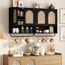 RUSTOWN Rattan Bathroom Wall Cabinet, Boho Medicine Cabinet with 2 Arched Doors, Farmhouse Over The Toilet Storage Cabinets with Adjustable Shelves & Towel Bar, 7.9"D x 23.6"W x 26.6"H