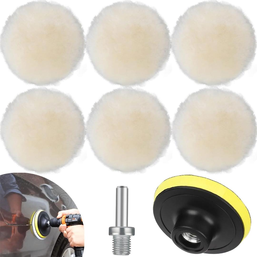 Set of 8, 6 Inch Wool Polishing Buffing Pad, Polishing Buffing Wheel with Hook Loop Back for Drill Buffer Attachment, with M14 Drill Adapter Car Buffer Polisher Kit for Car Polishing