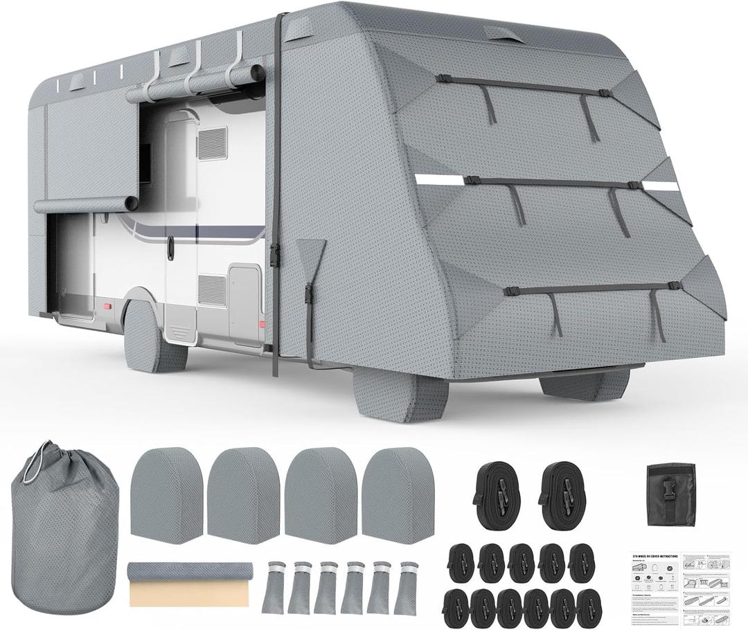 Mofeez Class C RV Covers 23-26ft, 7 Layer Top Heavy Duty Camper Cover, Extra-Thick Waterproof Windproof Anti-UV Rip-Stop Class C Motorhome Cover with 2Pcs Extra Straps, 6 Gutter Covers & 4 Tire Covers