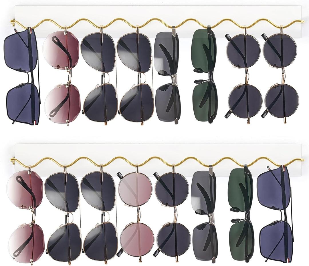Mkono 2 Pack Wall Mounted Sunglasses Organizer Wood Sunglass Holder for Wall Modern Eyeglass Storage Hanging Eyewear Display Jewelry Rack for Entryway Living Room Bedroom, White (Gold)
