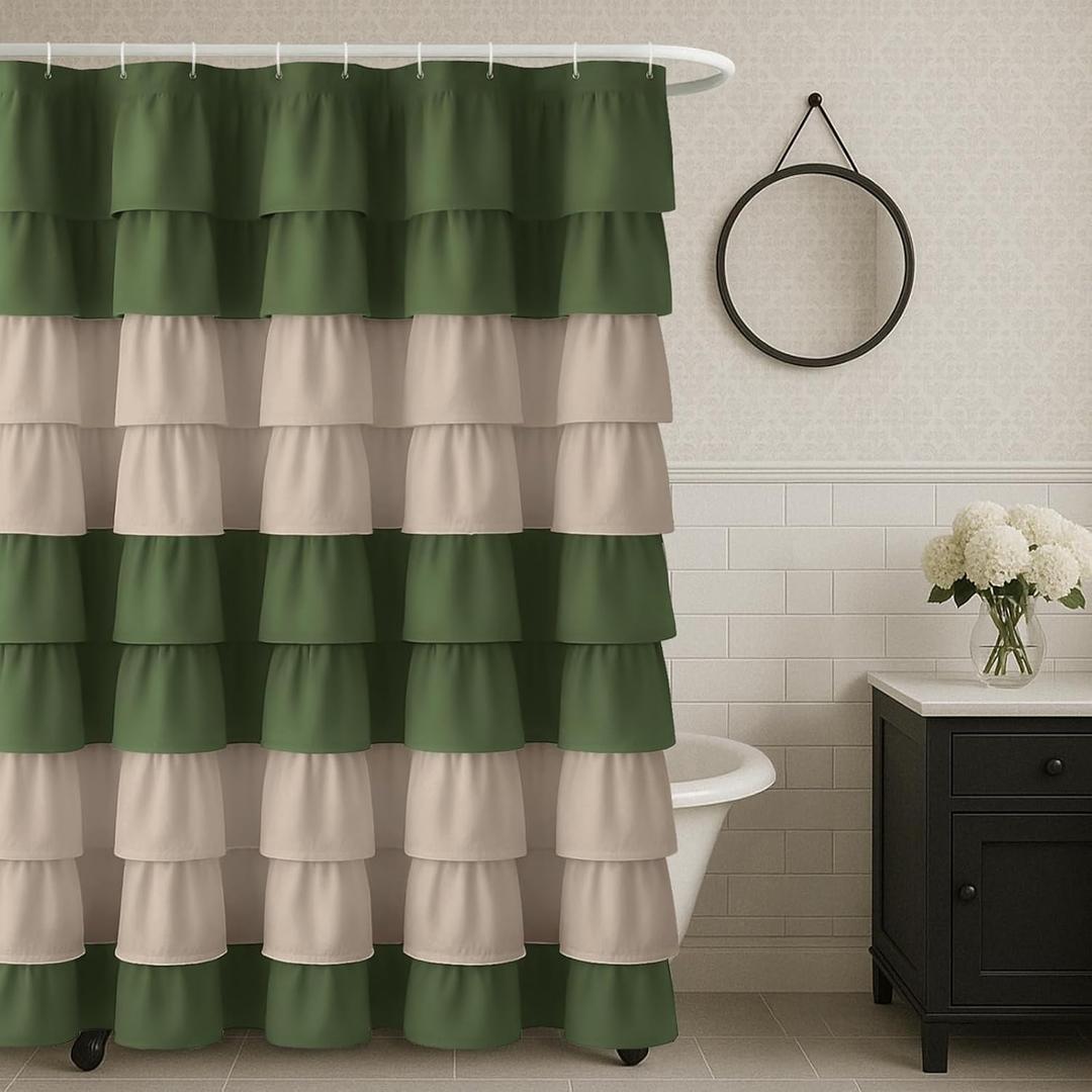 Seasonwood Ruffle Shower Curtain Green and Beige Shower Curtain Farmhouse Vintage Handcrafted Rustic Decorative Fabric Shower Curtains Natural Bathroom Curtain 72 X 72inch