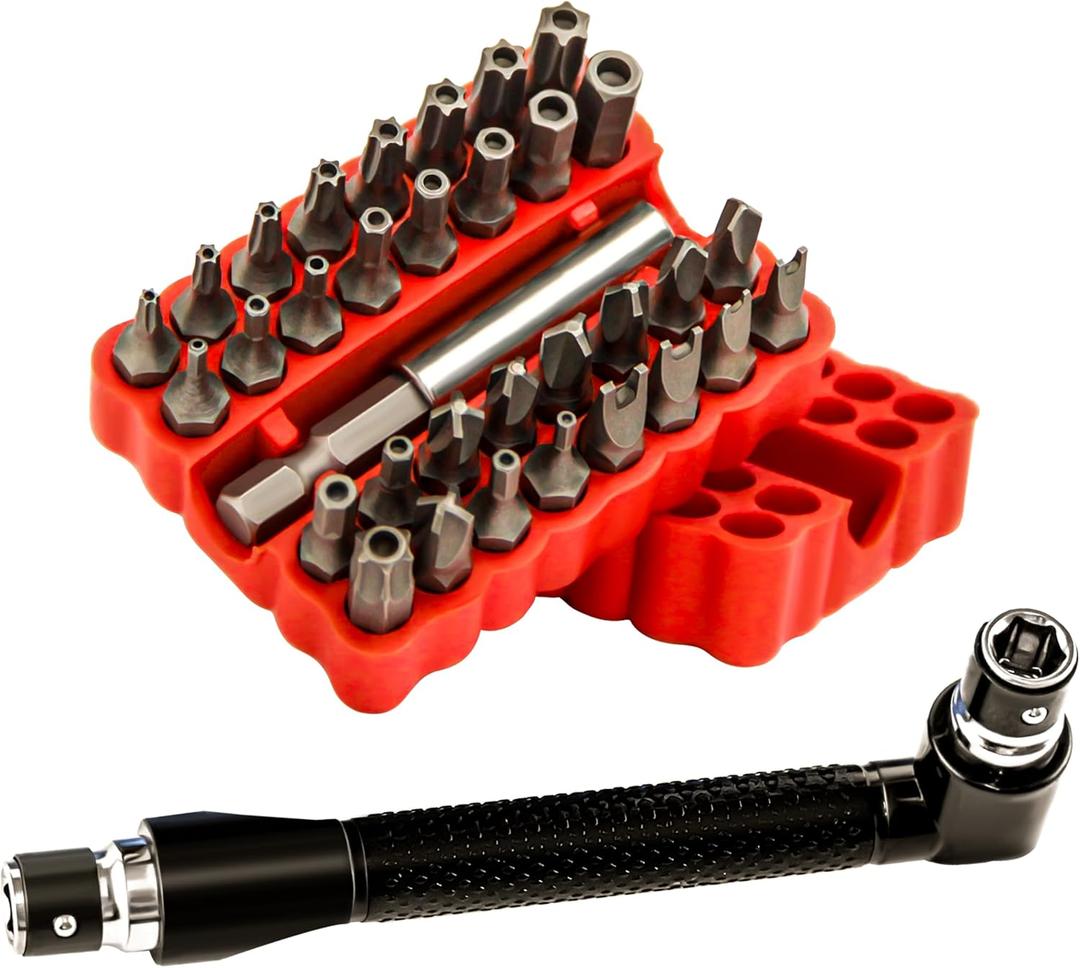 34pcs Security Bit Set 1/4 Inch Hex Shank Screwdriver Bit Set,Tamper Proof Bits-Torx+Hex+Tri Wing+Star+Spanner for Torx Security Screwdriver Set,High Hardness Impact Driver Bit Set (Red+Wrench)