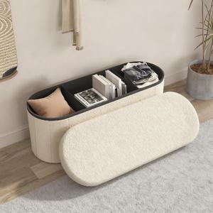 GLAXYFUR Oval Storage Ottoman Bench, Sherpa Foot Rest, 43 Inch Folding Chest for Living Room, Bedroom, White