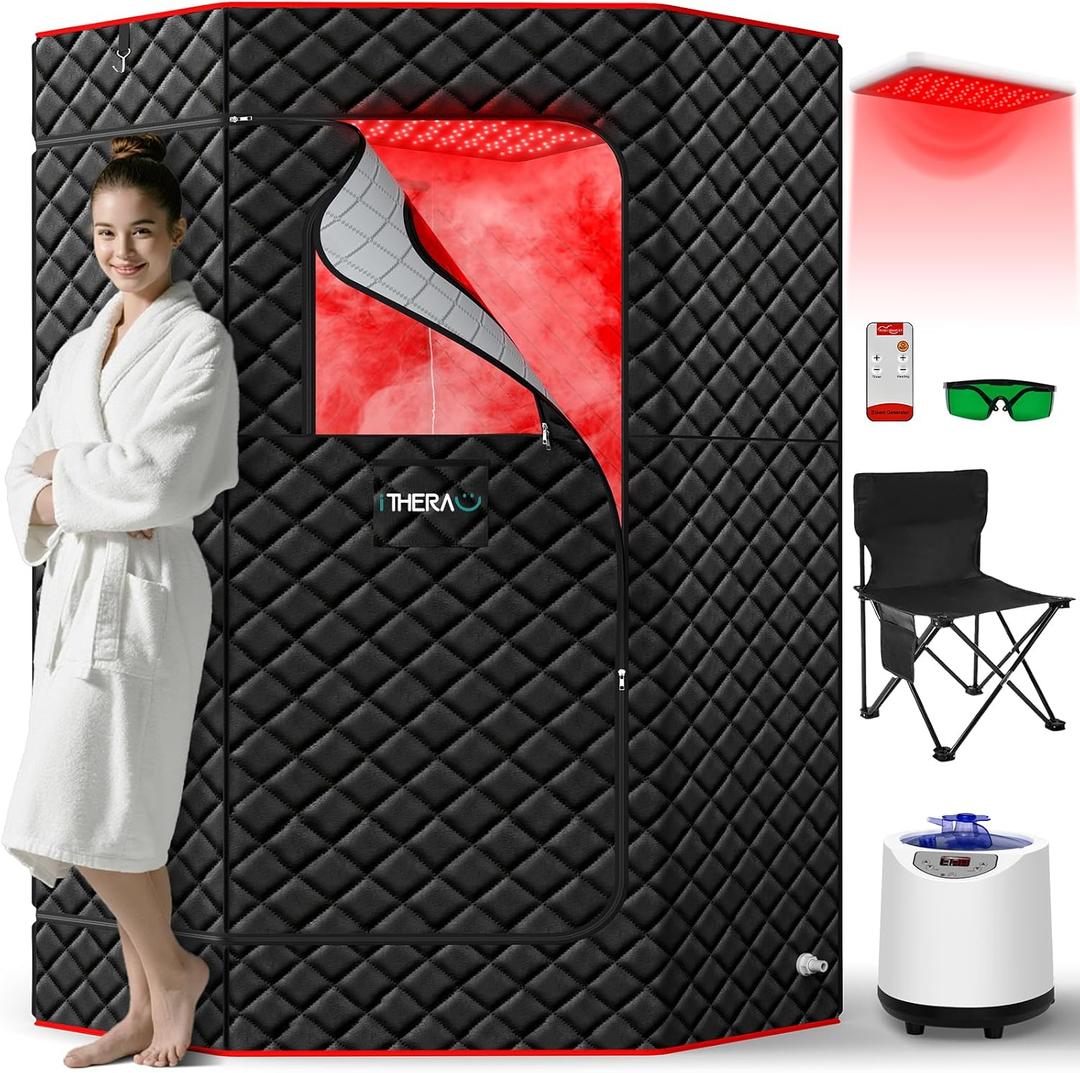 I-THERA-U XL Infrared Sauna Box with True 660 & 850nm Red Light Therapy Lamp, Portable Red Light Sauna for Home, Full Body Steam Tent with 3L 1200w Steamer, 15 Levels Heat, Chair, Remote