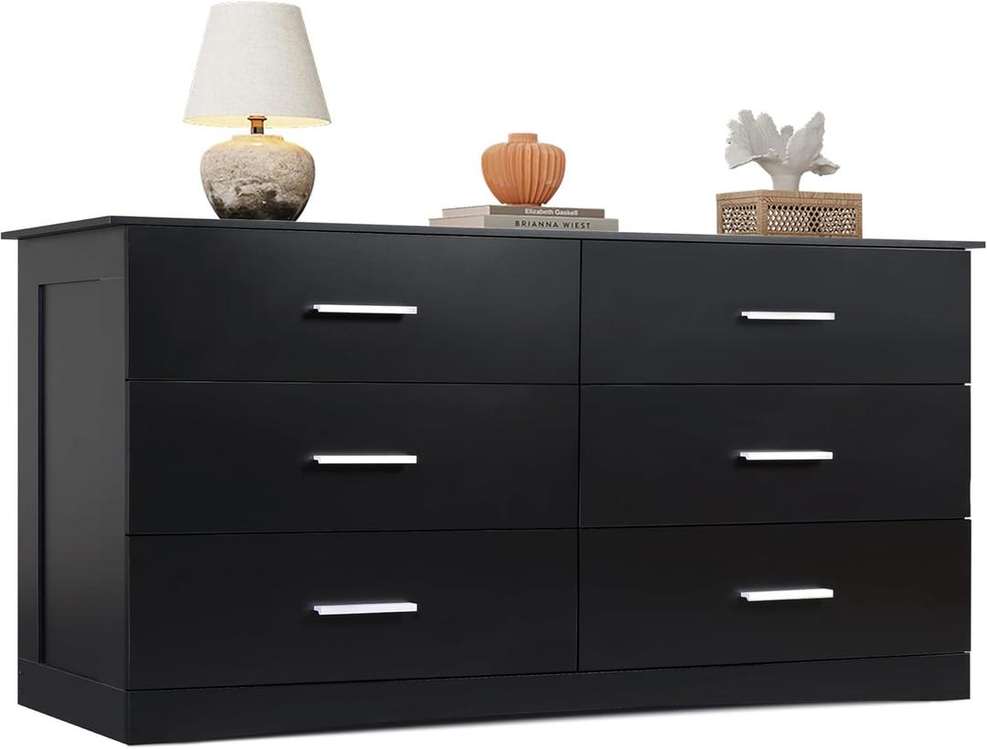 WLIVE Wood Dresser for Bedroom, Wide Chest of Drawers with 6 Drawer, Oak Furniture Large Storage Tower Unit, Closet Store Organizer for Living Room, Hallway, Long Nightstand, Modern Minimalist Black