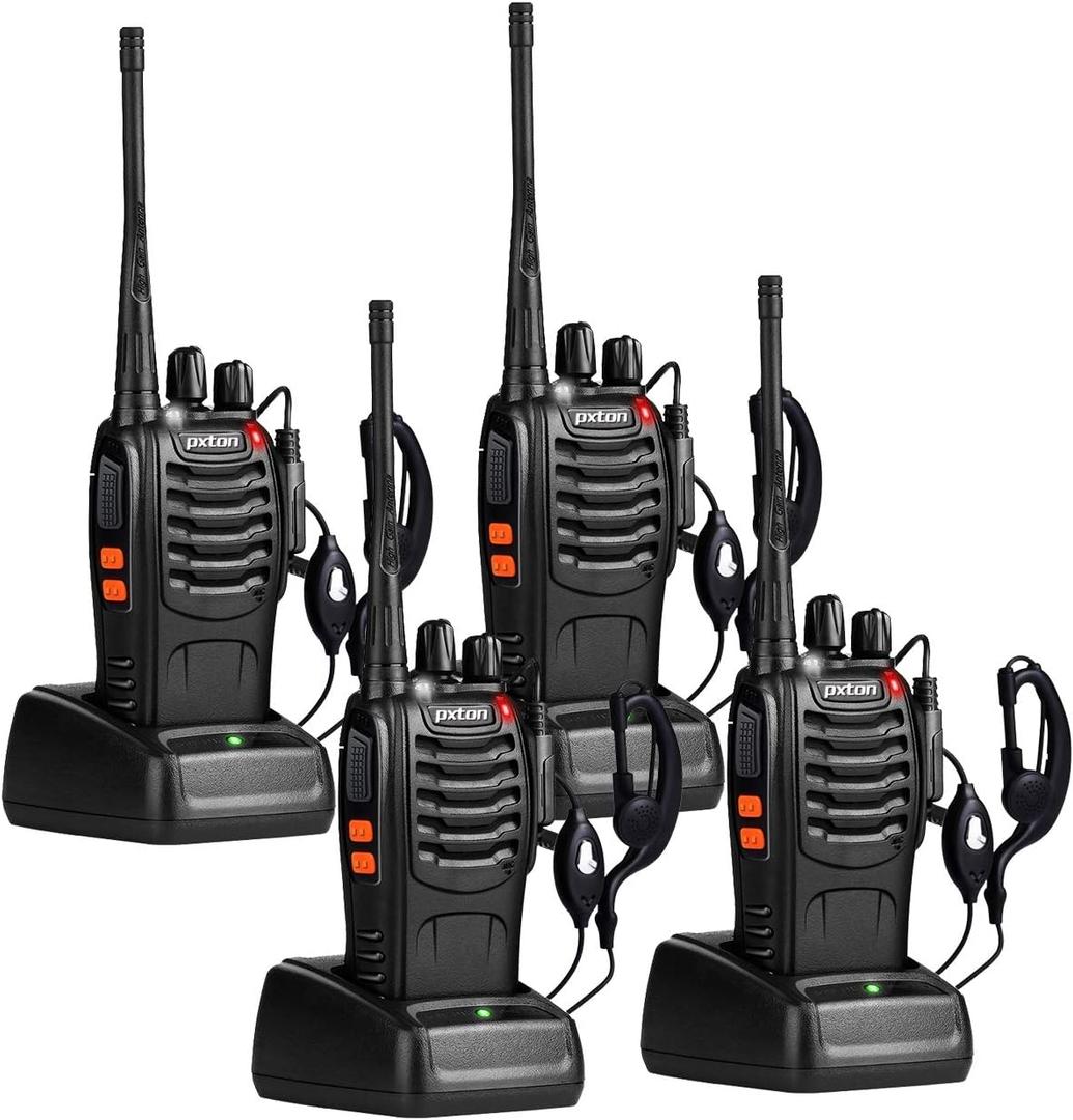pxton Walkie Talkies Long Range for Adults with Earpieces, 16 Channel Walky Talky Rechargeable Handheld Two Way Radios with Flashlight Li-ion Battery and Charger（4 Pack）