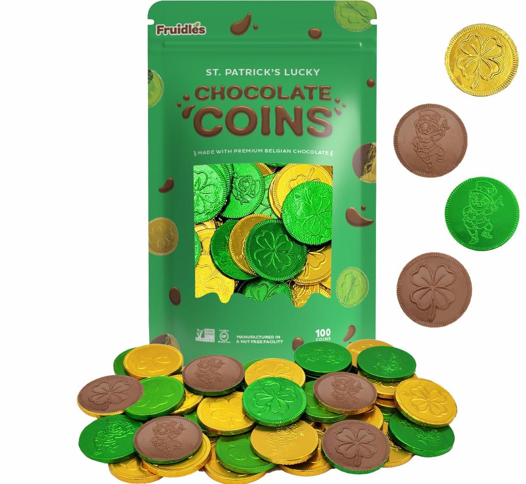 St. Patrick's Day Milk Chocolate Green & Gold Coin, 100 Coins, Shamrock & Leprechaun Themed Coins, Parties, Events and Celebrations, Perfect for Gift Bags and Festive Decorations, 4.5g Milk Chocolate Coin (EXP 11/02/27)