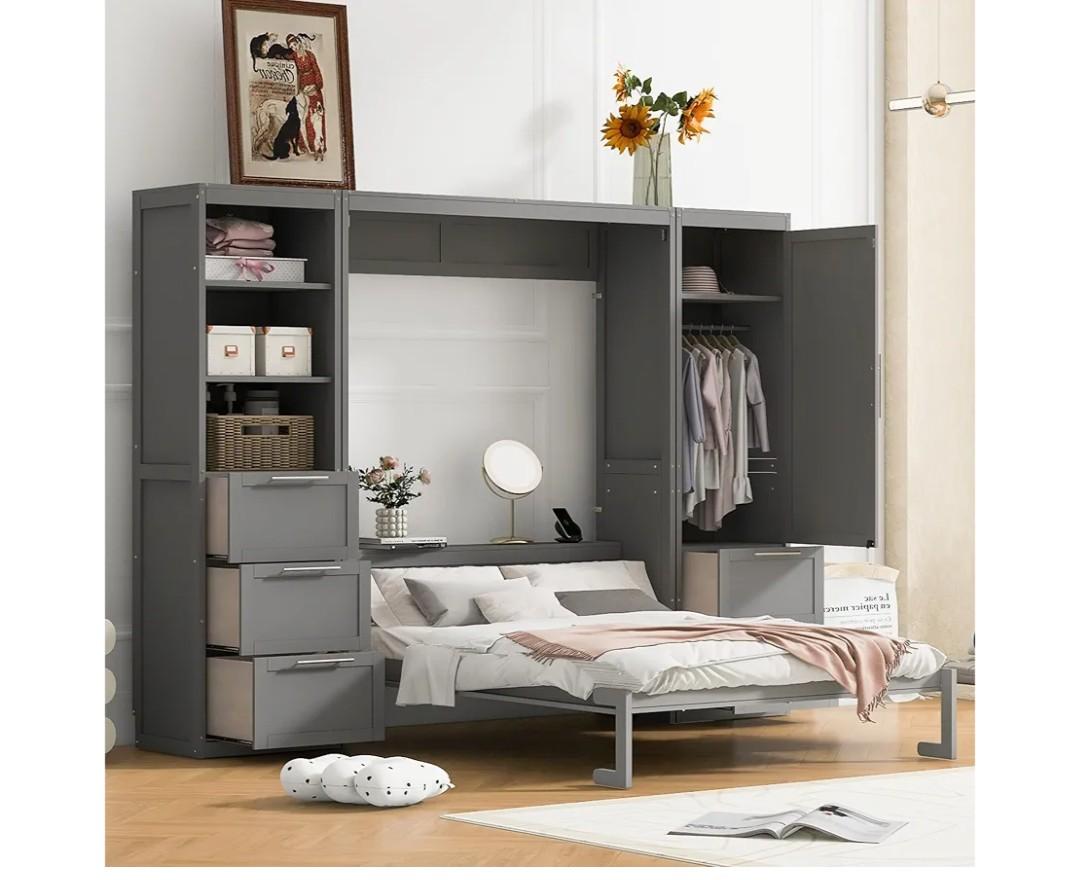 Ball & Cast Ball & Cast Murphy Bed Queen Size,Hideaway Wall Beds with Shelves & Storage Cabinet,Murphy Beds can be Folded,Bedroom Folding Bedframe for Guest Room