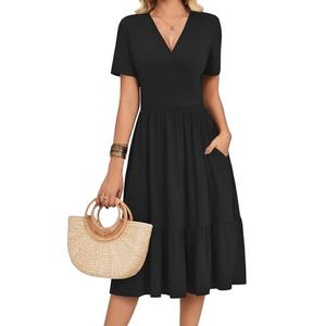 Zeagoo Women's V Neck Wrap Summer Casual Midi Tiered A Line Flowy Wedding Guest Dress with Pockets Short Sleeve Black Dresses, M