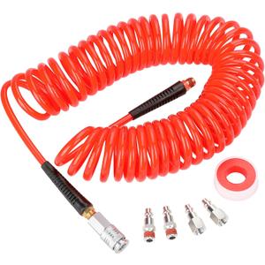 Hromee 1/4 in x 30 ft Polyurethane Recoil Air Compressor Hose with Bend Restrictors Compressor Hose with 1/4" Industrial Universal Quick Coupler and 4PCS I/M Plug Kit, Red