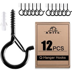 ADIIL 12 PCS Q Hanger Hooks with Safety Buckle, Windproof Screw Hooks for Hanging Outdoor String Lights, Plants, Christmas Patio Lights, 2.2 Inches, Black