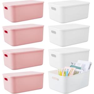 Hoolerry 8 Pieces Colorful Storage Bins with Lid, Plastic Storage Basket Organizing Container Stackable Box with Handle for Shelves Desktop Playroom Office(13.8 x 9.8 x 5.9 Inch,White and Pink)