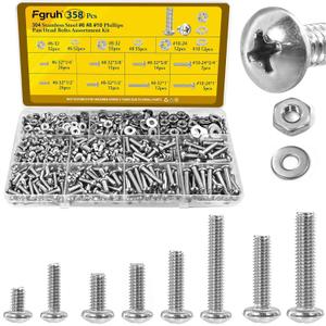 358PCS Machine Screws and Nuts Assortment Kit, #6-32#8-32#10-24 Phillips Pan Head Bolts Assorted, 304 Stainless Steel Nuts Bolts and Flat Washers Set
