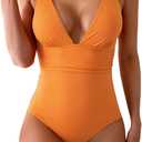 Eomenie Women's One Piece Swimsuit Tummy Control Bathing Suit V Neck Slimming 1 Piece Swimwear (Medium, Orange Ribbed)