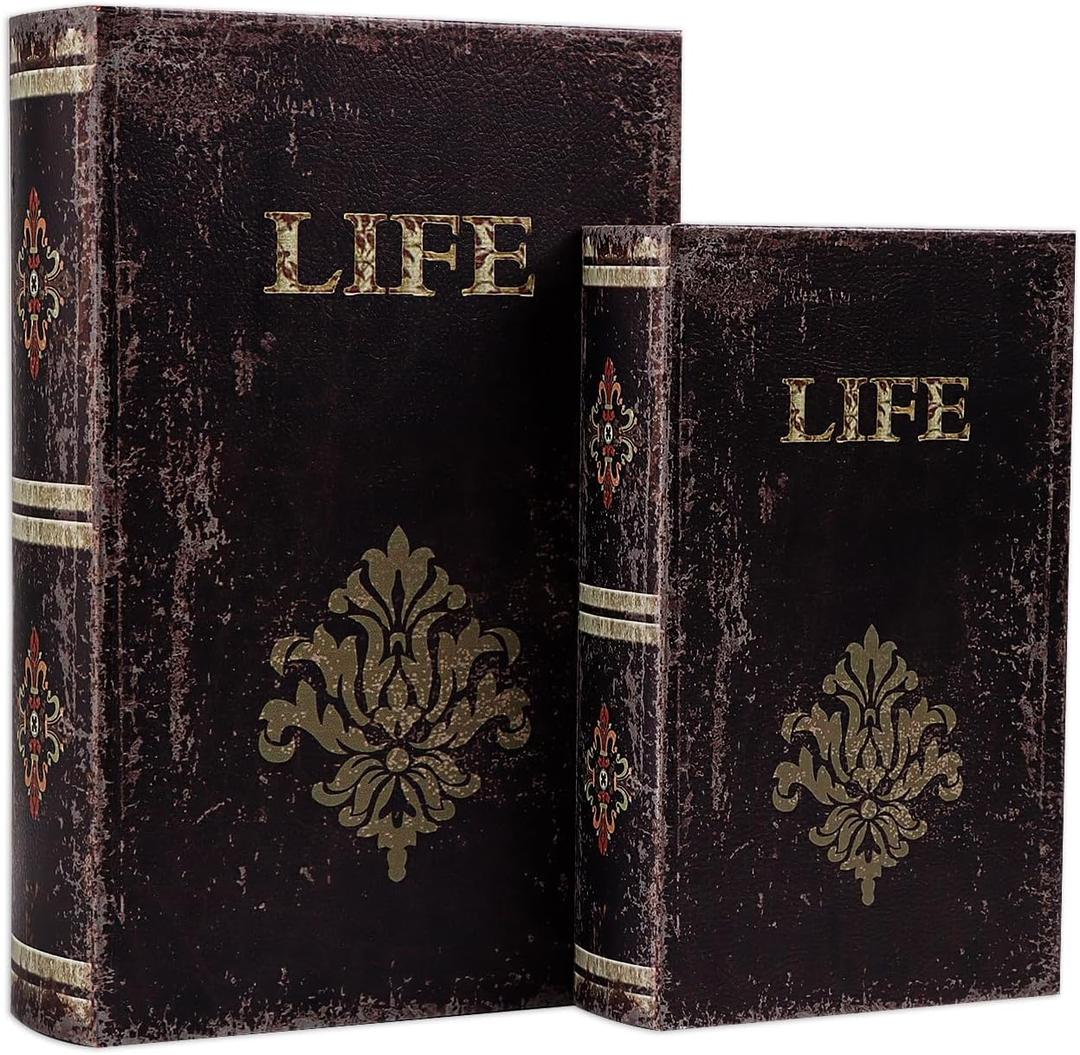 SICOHOME Decorative Book Box Set of 2 Wood Faux Book Box with Faux Leather Detailing Trinket Keepsake Vintage Wooden Treasure Chest for Women Kids Gifts Home Decor Christmas Ornament Storage