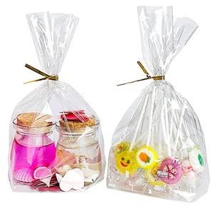 PigPotParty Cellophane Treat Bags 7"x10", 50 Pack Clear Goodie Bags, Bottom Gusset for Stand-Up Display, Small Plastic Gift Wrap for Cookies, Candy, Party Favors, Popcorn, Includes 50 Gold Ties