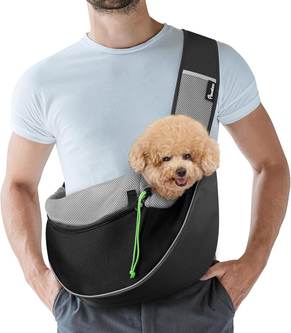 Pawaboo Pet Dog Sling Carrier, Hand Free Drawstring Dog Papoose with Adjustable Strap, Breathable Mesh Bag for Puppy Cat, Crossbody Satchel Dog Purse with Pocket for Outdoor Travel, Black, XL
