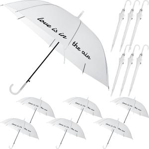 6 Pcs Frosted White Rain Umbrella Love Is in the Air Translucent Wedding Windproof Cute Umbrella with J Hook Handle for Bride Groom Wedding Party Prom Bridal Shower Gift Decor