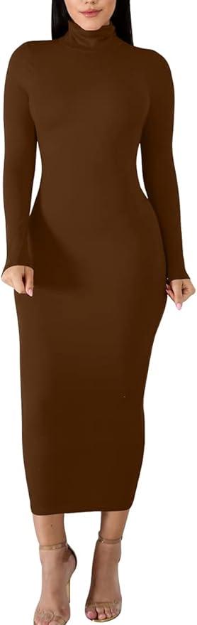 BORIFLORS Women's Sexy Basic Long Sleeve Turtleneck Bodycon Party Long Pencil Dress
 (Large)