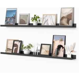 Picture Ledge Shelf, Floating Shelves Set of 2, 48 Inches Picture Shelf for Wall with Ledge, Kids Bookshelf Wall Mounted for Living Room Bedroom Decor Books Photo Frames, Black