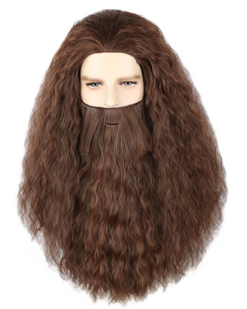 Topcosplay Men Wigs and Beard Long Staight Cosplay Halloween Costume Funny Wig Light Brown Wizard Wig