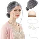 RSOEUG Old Lady Costume for Women, 5 PCS Kids 100 Days of School Grandma Wig Costume Halloween Girls Adults Cosplay Accessories Set (Gray Bun)