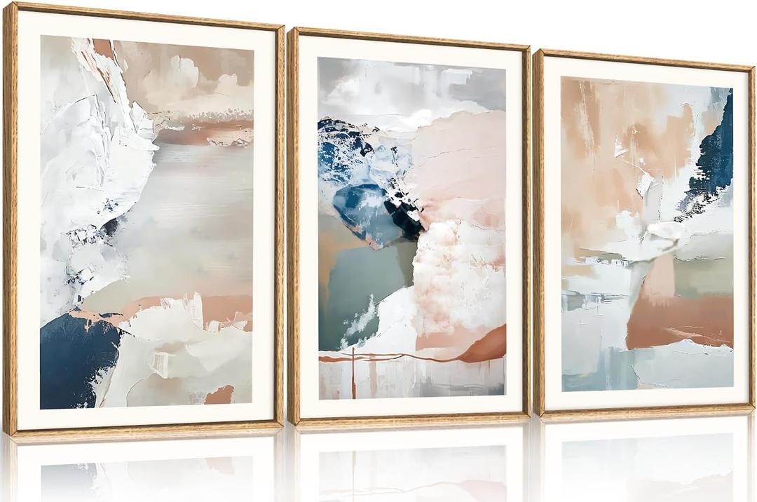 Large Abstract Brush Strokes Framed Canvas Wall Art,Neutral Navy Blue Wall Decor,Modern Pastel Wall Painting,Grey White Toned Artwork for Living Room,Bedroom,Dining Room,Office -16"x24"x3