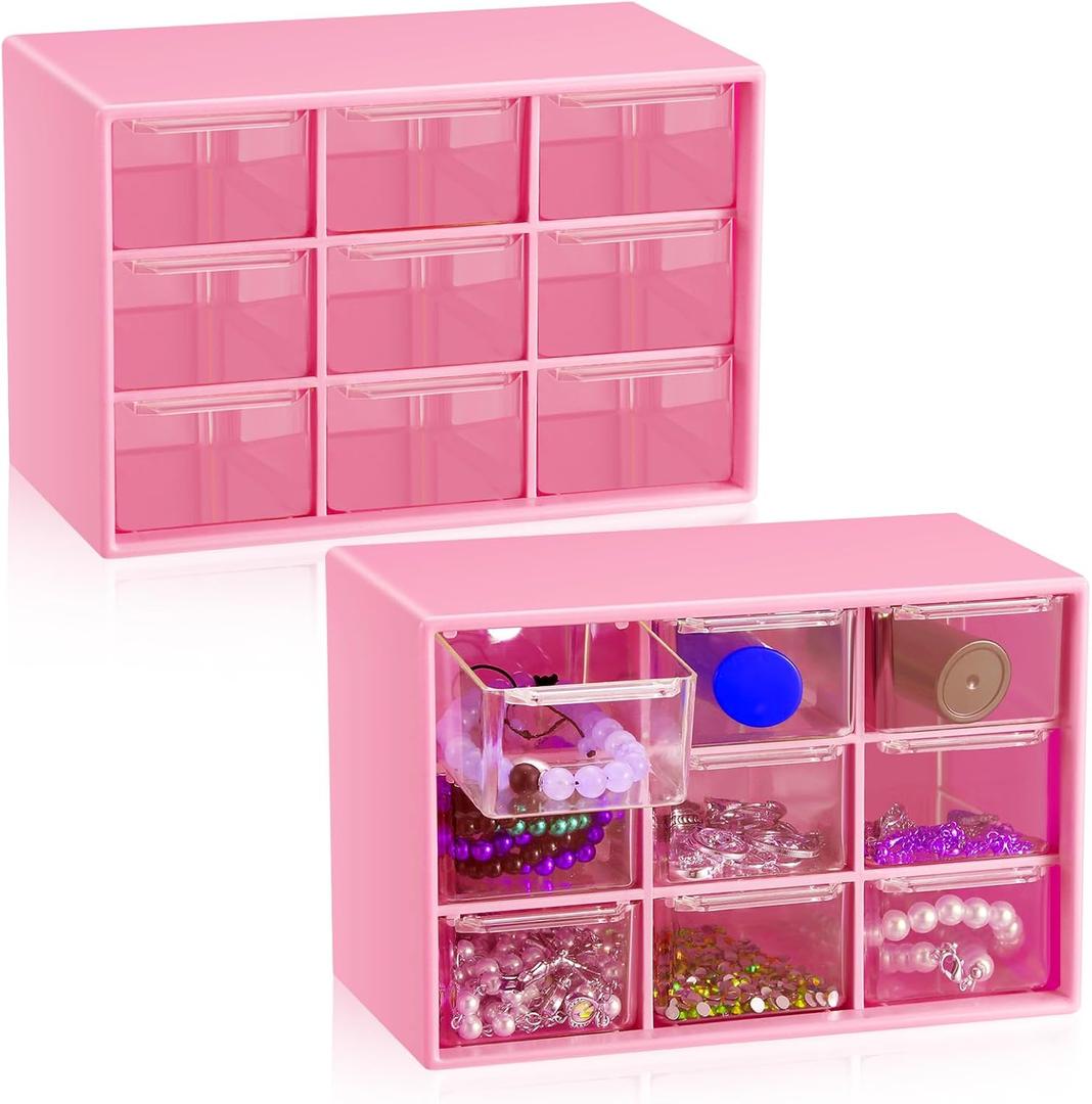 Wenqik 2 Pcs Small Drawer Organizer Teacher Toolbox Small Organizer with 9 Clear Drawers Plastic Desktop Craft Storage Box for Desk Office Classroom Home 7" x 3.9" x 4.7"(Rose Red)
