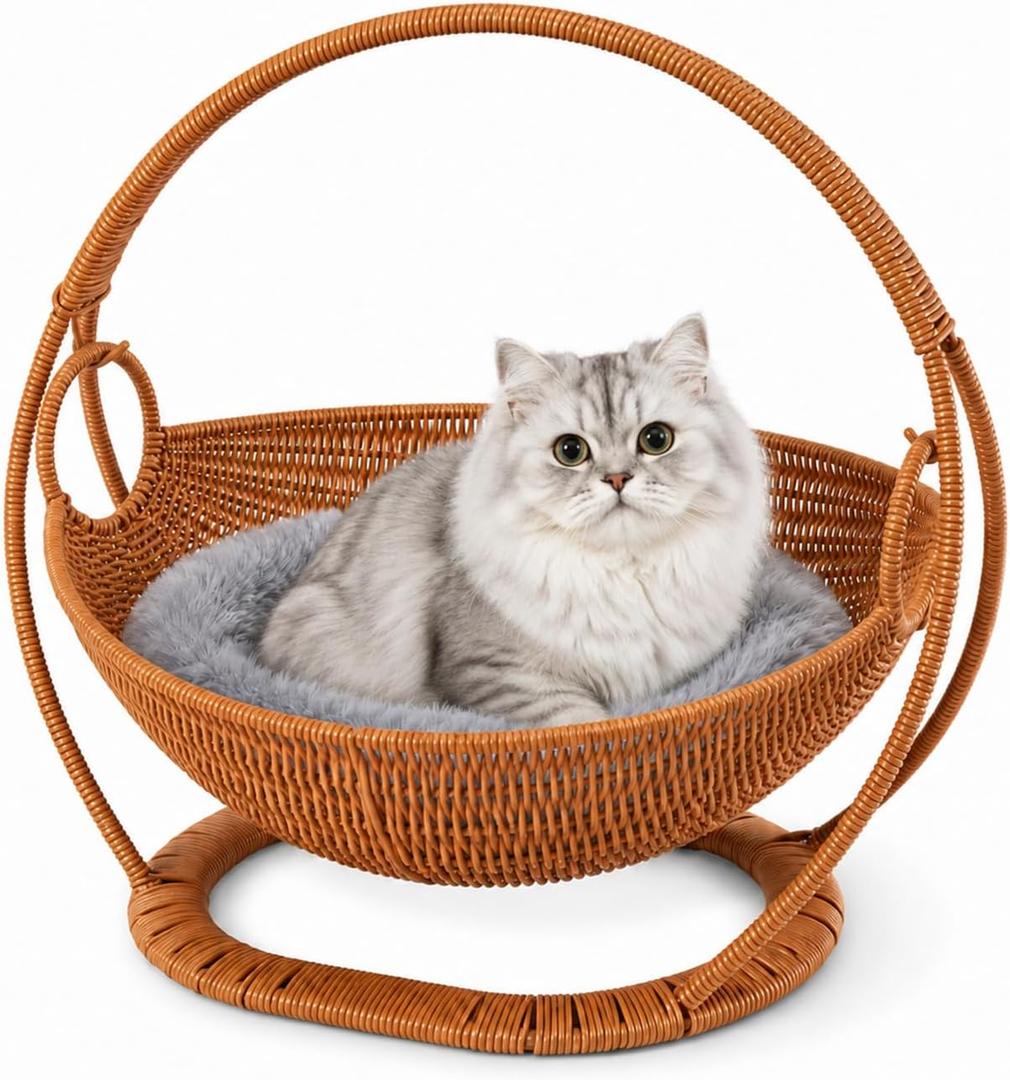 Wicker Cat Bed Elevated Cat Lounger Multifunctional Pet Furniture with Removable Cushion for Indoor Pets
