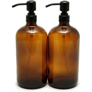 Vivaplex, 2, Large, 32 oz, Empty, Amber Glass Bottles with Stainless Steel, Matte Black, Lotion Pumps
