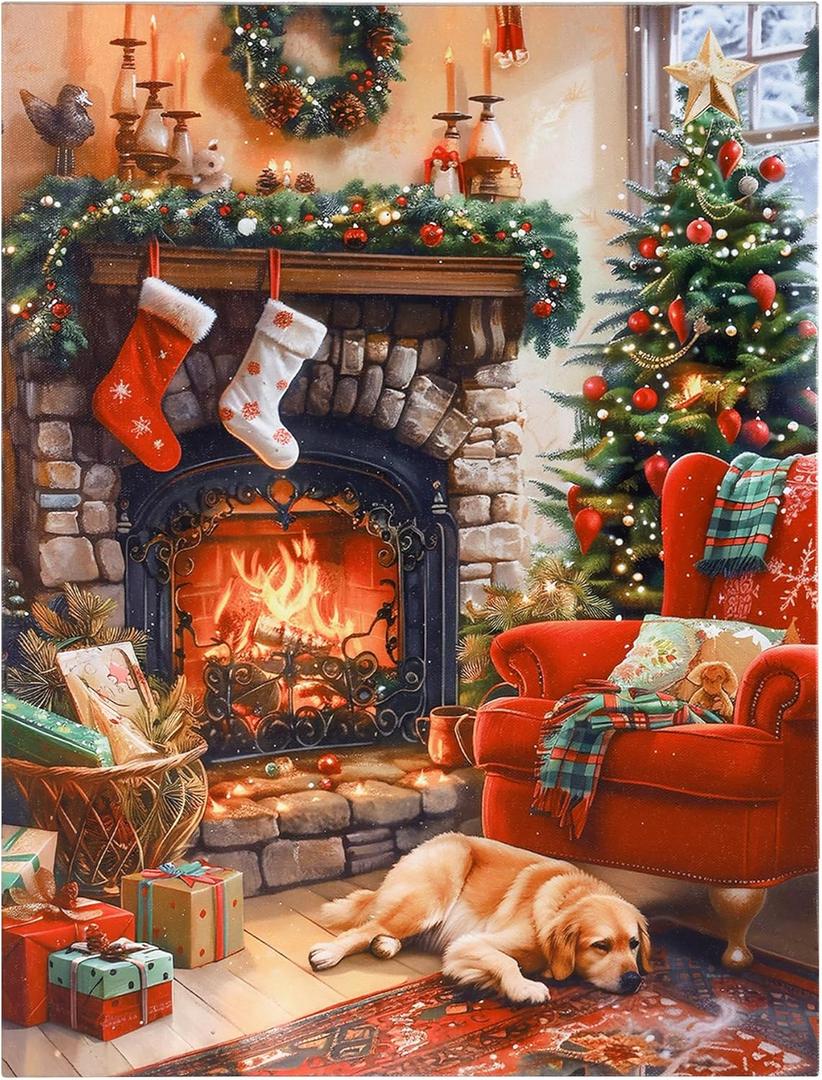 SOFFEE DESIGN 12x16 Christmas LED Canvas Print Wall Decor, Golden Retriever Fireplace Stockings, 4 LEDs Fiber Optic Lights, Pet Lover Gift for Family Room