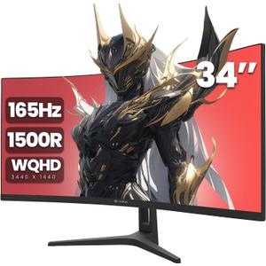 CRUA 34" Curved Gaming Monitor, WQHD 3440x1440, 144Hz/165Hz Computer Monitors, 1500R VA Screen, 120% sRGB, AMD FreeSync, HDMI 2.0 & DP 1.4, Wall Mountable Installs- Black