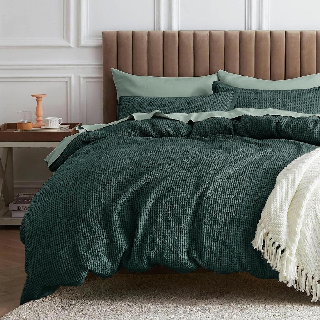 Bedsure Waffle Comforter Set King, Forest Green Soft Cotton Bedding, Waffle Weave Bed Set, 3 Pieces, 1 Comforter (104"x90") and 2 Pillow Shams, Premium Cotton Cover with Polyester Fill for All Seasons (03 - Forest Green)