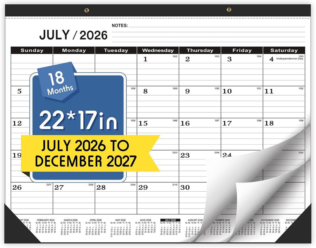 Desk Calendar 2026-2027,July 2026 to December 2027,Desk calendar 2026-2027 Large 22x17, Classroom Calendar 2027 with PVC Cover,Round Holes& NOTES List (Black),18 Months Calender 2027, JUL-2025-1PCS