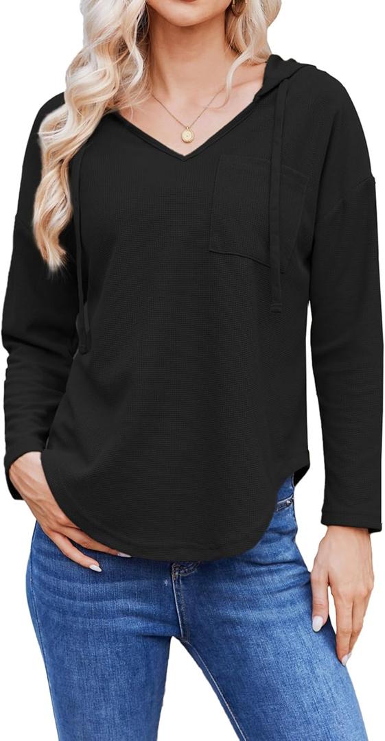 Womens Hoodies Long Sleeve Sweatshirts Pullover Top V Neck Drawstring Shirts With Pocket Loose Casual (Black, XL)