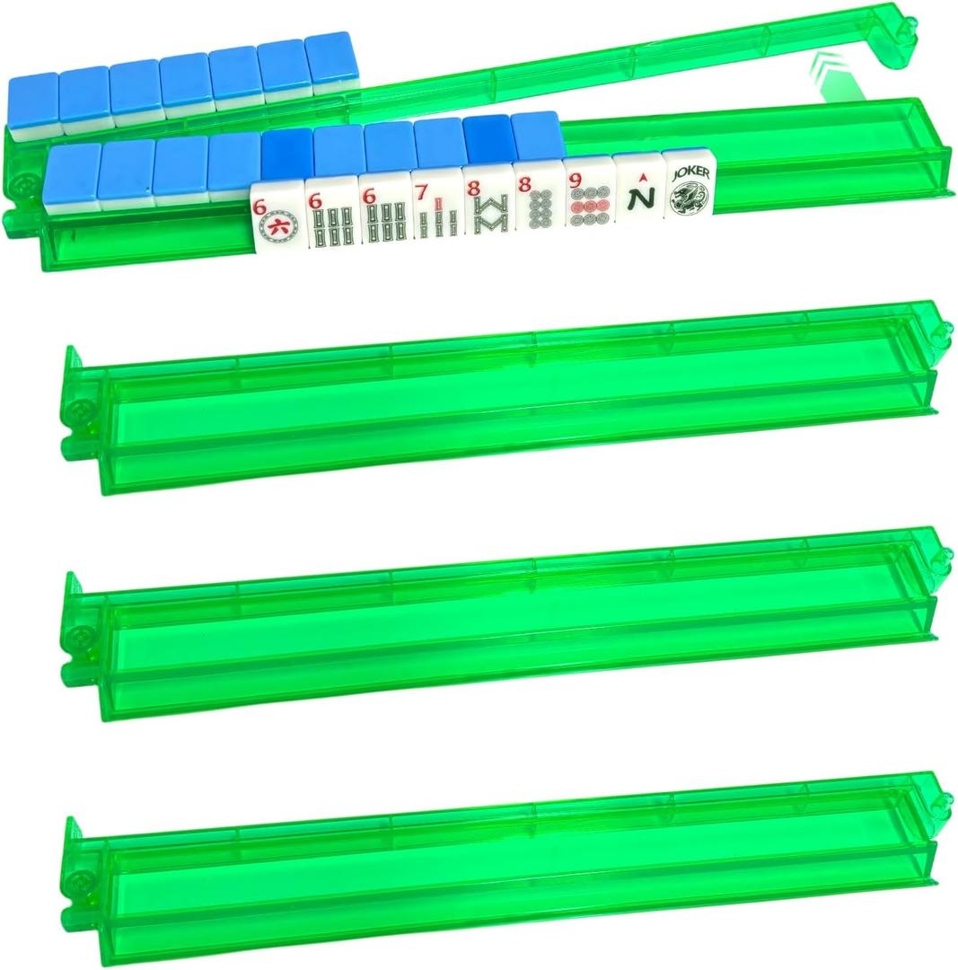 Mahjong Racks with Pushers Set of 4, All-in-one Integrated Tile Rack Combo, Premium Compact Plastic Mahjong Racks with Pushers for 166 PCS 1.2 Inch American Mahjong Tile, 17.8 x 3.1 x 1.2 inches