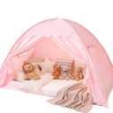 Sumbababy Toddler Bed Tent Canopy: Lights & Flags Indoor Floor Kids Play Tent Playhouse - Portable & Foldable Twin Bunk Bed Curtains - Twin Bed Tent for Girls Gifts (Pink)