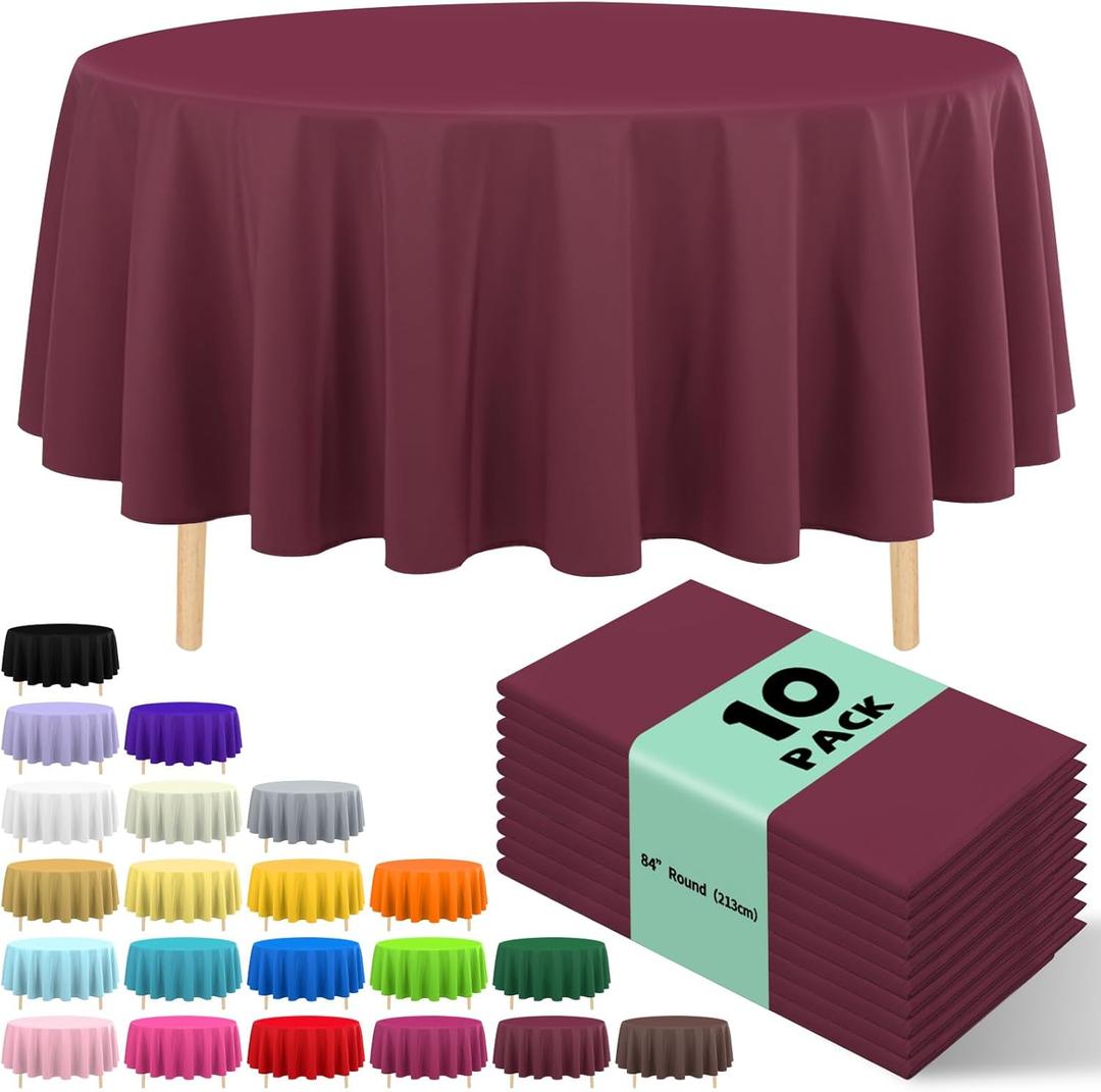 10 Pack Premium Disposable Plastic Tablecloth 84" Round Table Cover for Birthdays Weddings Christmas Anniversary Buffet Table (Burgundy)