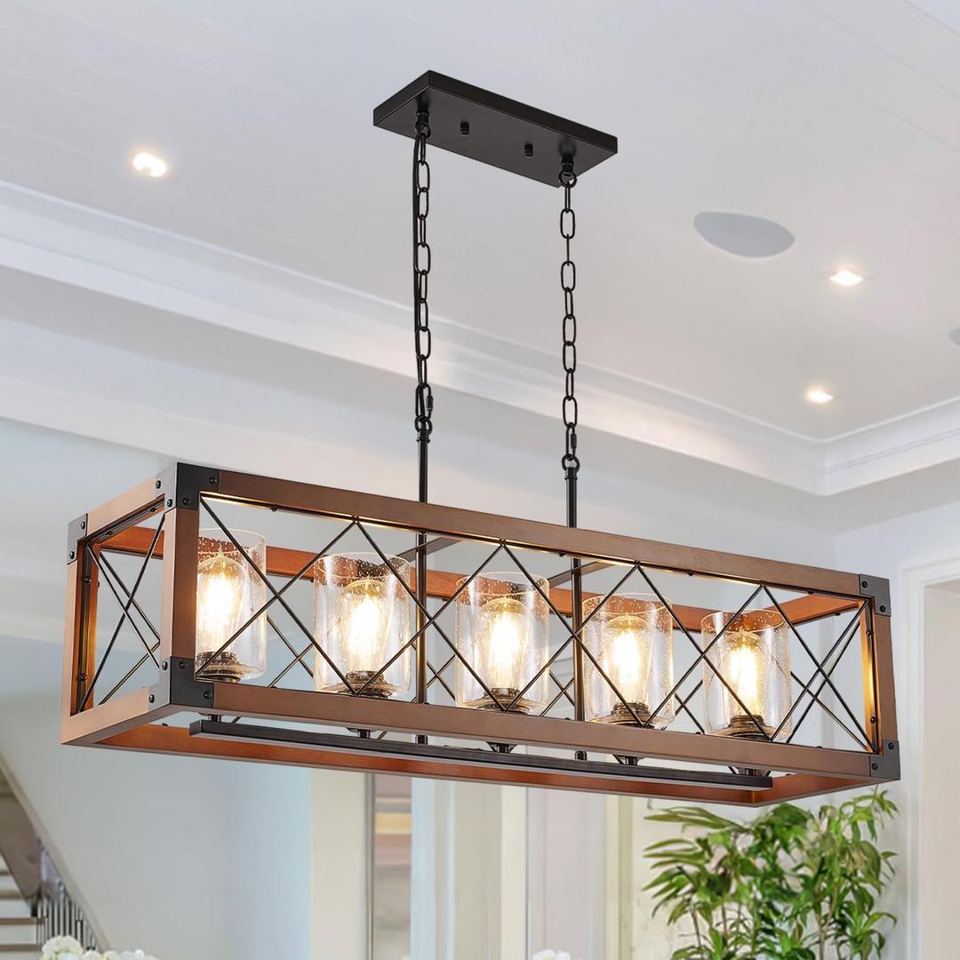 5-Light Farmhouse Kitchen Island Lighting, 35.5 Inch Linear Dining Room Light Fixture,Rustic Rectangle Chandeliers for Dining Room,Vintage Ceiling Hanging Pendant LightRustic Wood Grain