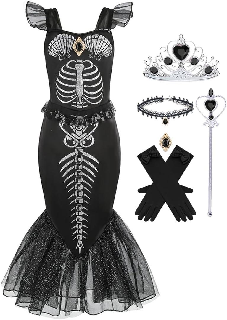 Girls Mermaid Skeleton Costume Kids Ariel Princess Black Dress Halloween Cosplay Outfits with Accessories (5-6Y)