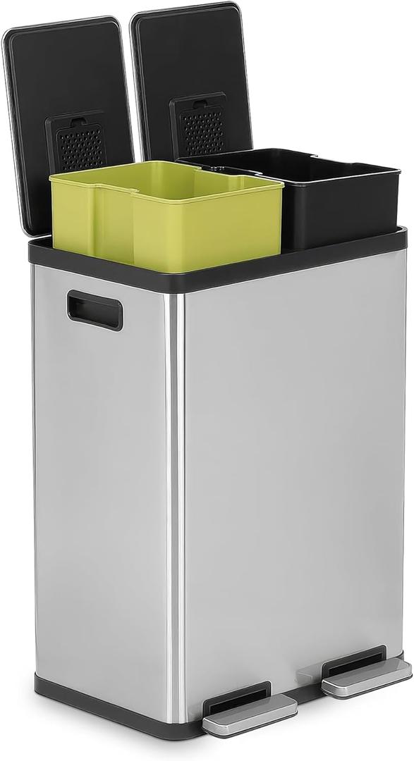Simpli-Magic 16 Gallon (60L) Step Trash Can – Dual Compartment Kitchen Garbage Can with Waste & Recycling Bins – Slow-Close Lid, Odor Control, Hands-Free, Inner Bases, Premium Stainless Steel