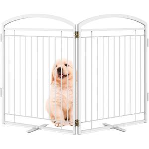 Full Metal Free Standing Dog Gate with Door for Indoor Outdoor, 48'' Extra Wide 32'' Tall Dog Gate for Doorways,Large Openings,Decks,Pet Puppy Freestanding Safety Fence White, 【2 Panels】 32''H*48''W